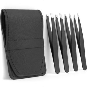 Pincet set van 4 in lederen hoesje - epileer pincet / splinter pincet - zwart