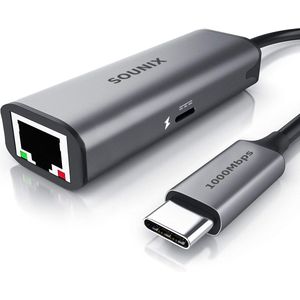Sounix USB C Naar Ethernet Adapter 2 in 1 - RJ45 10/100/1000Mbps - Zwart