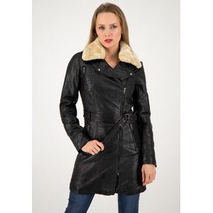 Urban5884® - Milou - Dames Lang Winter Jas Lams Leer Trenchcoat met Riem Faux Fur - Zwart - L