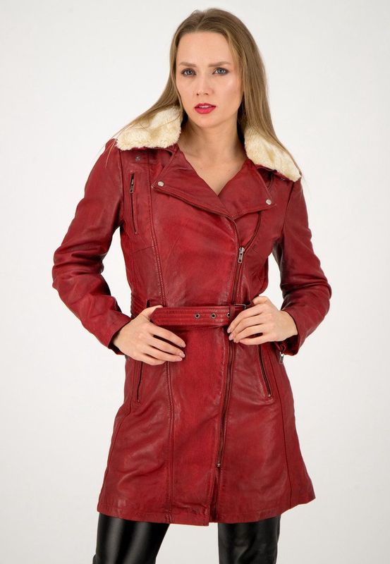URBAN 5884 Milou leren jas voor dames, dijbeenlengte mantel van echt lamsvacht, soft-touch winterjas, rood, L