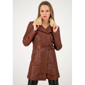 Urban5884® - Milou - Dames Lang Winter Jas Lams Leer Trenchcoat met Riem Faux Fur - Bruin - XL