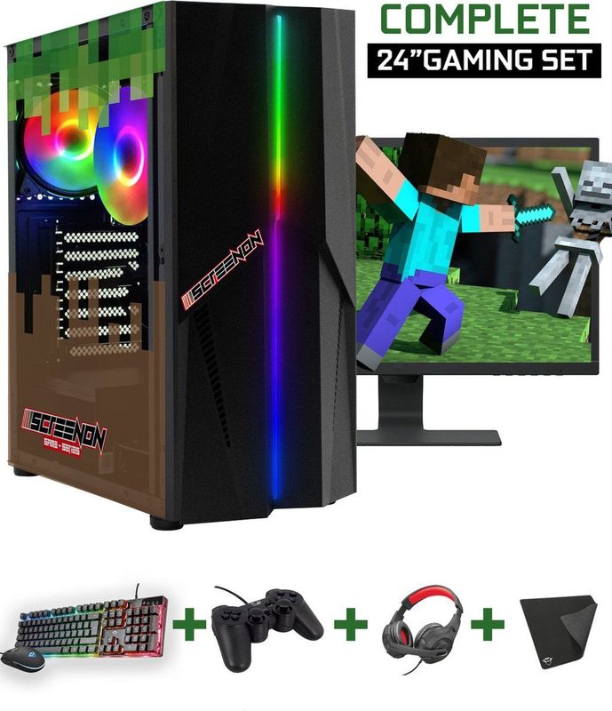 ScreenON - Minecraft Edition Gaming Set - Inclusief GamePC - 24 Inch Monitor - Toetsenbord - Muis - Controller - WiFi & Bluetooth