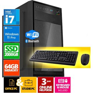 Intel Compleet PC SET | Intel Core i7 | 64 GB DDR4 | 2 TB SSD + Muis & Toetsenbord | Windows 11 Pro + WiFi & Bluetooth