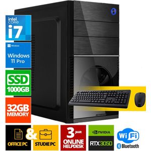 Intel Compleet PC + Muis & Toetsenbord | Intel Core i7 | 32 GB DDR4 | 1 TB SSD | RTX 3050 | Windows 11 Pro + WiFi & Bluetooth