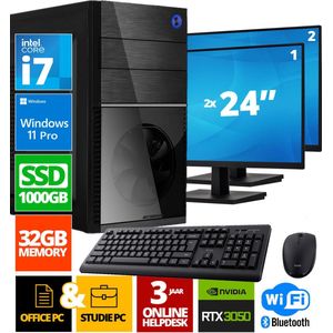Intel Compleet PC + 2 x 24"" Monitor + Muis & Toetsenbord | Intel Core i7 | 32 GB DDR4 | 1 TB SSD | RTX 3050 | Windows 11 Pro + WiFi & Bluetooth