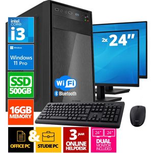 Intel Compleet PC SET | Intel Core i3 | 16 GB DDR4 | 500 GB SSD - NVMe + 2 x 24 Inch Monitor + Muis + Toetsenbord | Windows 11 Pro + WiFi & Bluetooth