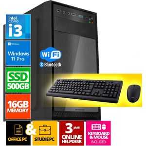 Intel Compleet PC SET | Intel Core i3 | 16 GB DDR4 | 500 GB SSD - NVMe + Muis & Toetsenbord | Windows 11 Pro + WiFi & Bluetooth