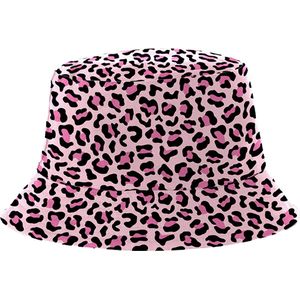 Bucket Hat - Vissershoedje - Hoedje - Heren - Dames - Panterprint - Festival accessoires - Reversible - 58 cm - roze - zwart