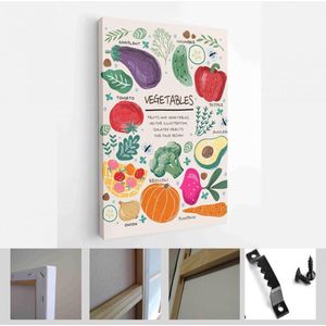 Voedsel, groenten en fruit. Vectorillustraties: gerechten, kiwi, broccoli, pompoen, aubergine, avocado, peer, tomaat, theepot, stilleven op tafel, enz. - Modern Art Canvas - Verticaal - 1851616348