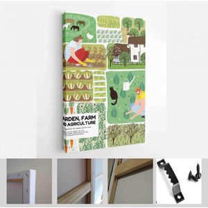 Tuin, boerderij en landbouw. Vectorillustratie van tuinman, tuinbedden, velden, kaarten, huizen, natuur, kas en oogst - Modern Art Canvas - Verticaal - 1898633680