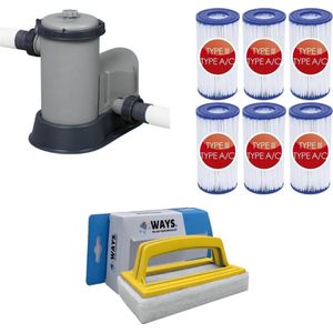 WAYS - Zwembad Onderhoud - Filterpomp 5678 L/u & 6 Filters Type III & WAYS Scrubborstel