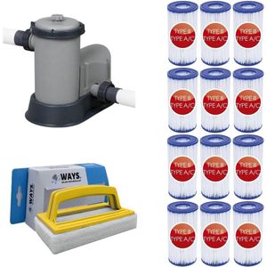 WAYS - Zwembad Onderhoud - Filterpomp 5678 L/u & 12 Filters Type III & WAYS Scrubborstel