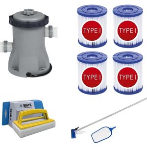 Bestway - Onderhoudsset & Filterpomp 1249 L/u & 4 Filters Type I & WAYS Scrubborstel
