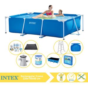 Intex Rectangular Frame Zwembad - Opzetzwembad - 220x150x60 cm - Inclusief Solarzeil Pro, Onderhoudspakket, Zwembadpomp, Filter, Solar Mat, Trap, Voetenbad en Zwembadtegels