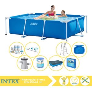 Intex Rectangular Frame Zwembad - Opzetzwembad - 220x150x60 cm - Inclusief Afdekzeil, Onderhoudspakket, Zwembadpomp, Filter, Onderhoudsset, Trap, Voetenbad en Zwembadtegels