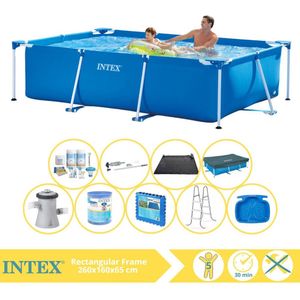Intex Rectangular Frame Zwembad - Opzetzwembad - 260x160x65 cm - Inclusief Afdekzeil, Onderhoudspakket, Zwembadpomp, Filter, Stofzuiger, Solar Mat, Trap, Voetenbad en Zwembadtegels