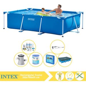 Intex Rectangular Frame Zwembad - Opzetzwembad - 260x160x65 cm - Inclusief Afdekzeil, Onderhoudspakket, Zwembadpomp, Filter, Stofzuiger en Zwembadtegels