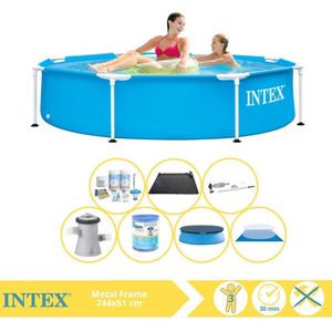 Intex Metal Frame Zwembad - Opzetzwembad - 244x51 cm - Inclusief Afdekzeil, Onderhoudspakket, Zwembadpomp, Filter, Grondzeil, Stofzuiger en Solar Mat