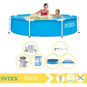 Intex Metal Frame Zwembad - Opzetzwembad - 244x51 cm - Inclusief Afdekzeil, Onderhoudspakket, Zwembadpomp, Filter, Grondzeil en Stofzuiger