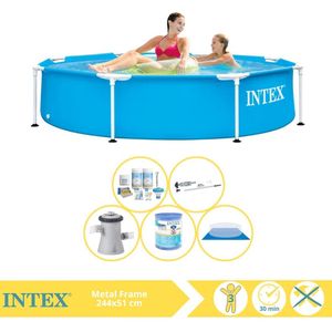Intex Metal Frame Zwembad - Opzetzwembad - 244x51 cm - Inclusief Onderhoudspakket, Zwembadpomp, Filter, Grondzeil en Stofzuiger