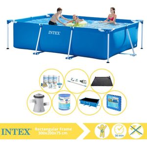 Intex Rectangular Frame Zwembad - Opzetzwembad - 300x200x75 cm - Inclusief Solarzeil Pro, Onderhoudspakket, Zwembadpomp, Filter, Stofzuiger, Solar Mat en Zwembadtegels