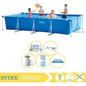 Intex Rectangular Frame Zwembad - Opzetzwembad - 450x220x84 cm - Inclusief Onderhoudspakket, Zwembadpomp, Filter, Grondzeil en Stofzuiger