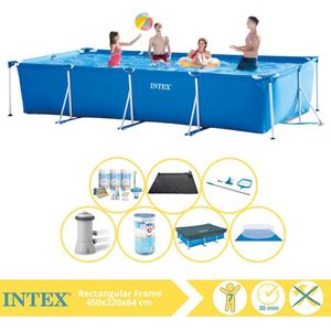 Intex Rectangular Frame Zwembad - Opzetzwembad - 450x220x84 cm - Inclusief Afdekzeil, Onderhoudspakket, Zwembadpomp, Filter, Grondzeil, Onderhoudsset en Solar Mat