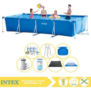 Intex Rectangular Frame Zwembad - Opzetzwembad - 450x220x84 cm - Inclusief Onderhoudspakket, Filter, Grondzeil, Solar Mat, Trap en Voetenbad