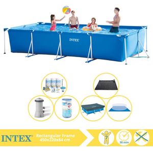 Intex Rectangular Frame Zwembad - Opzetzwembad - 450x220x84 cm - Inclusief Afdekzeil, Onderhoudspakket, Filter, Grondzeil en Solar Mat