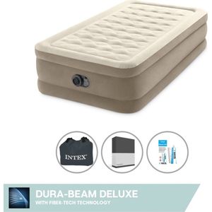 Intex Luchtbed - 1-Persoons - 99 x 191 x 46 cm - Beige - Met ingebouwde pomp + Hoeslaken Zwart + Reparatieset
