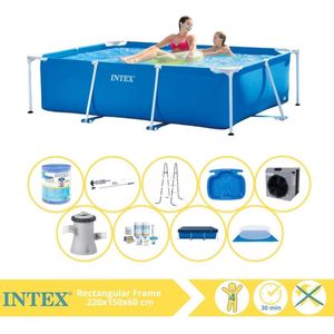Intex Rectangular Frame Zwembad - Opzetzwembad - 220x150x60 cm - Inclusief Afdekzeil, Onderhoudspakket, Zwembadpomp, Filter, Grondzeil, Stofzuiger, Trap, Voetenbad en Warmtepomp CP