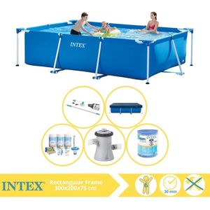 Intex Rectangular Frame Zwembad - Opzetzwembad - 300x200x75 cm - Inclusief Afdekzeil, Onderhoudspakket, Zwembadpomp, Filter en Stofzuiger