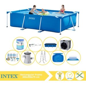 Intex Rectangular Frame Zwembad - Opzetzwembad - 300x200x75 cm - Inclusief Afdekzeil, Onderhoudspakket, Zwembadpomp, Filter, Grondzeil, Stofzuiger, Trap, Voetenbad en Warmtepomp CP
