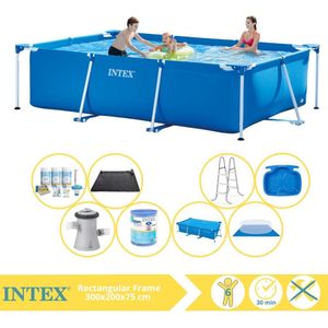 Intex Rectangular Frame Zwembad - Opzetzwembad - 300x200x75 cm - Inclusief Solarzeil, Onderhoudspakket, Zwembadpomp, Filter, Grondzeil, Solar Mat, Trap en Voetenbad