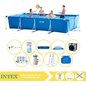 Intex Rectangular Frame Zwembad - Opzetzwembad - 450x220x84 cm - Inclusief Afdekzeil, Onderhoudspakket, Zwembadpomp, Filter, Grondzeil, Stofzuiger, Trap, Voetenbad en Warmtepomp CP