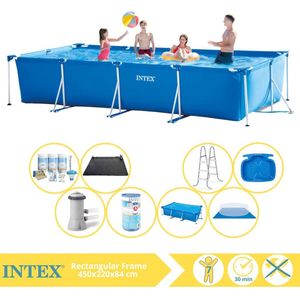 Intex Rectangular Frame Zwembad - Opzetzwembad - 450x220x84 cm - Inclusief Solarzeil, Onderhoudspakket, Zwembadpomp, Filter, Grondzeil, Solar Mat, Trap en Voetenbad