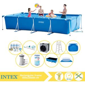 Intex Rectangular Frame Zwembad - Opzetzwembad - 450x220x84 cm - Inclusief Solarzeil Pro, Onderhoudspakket, Zwembadpomp, Filter, Grondzeil, Onderhoudsset, Trap, Voetenbad en Warmtepomp CP