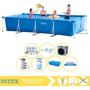 Intex Rectangular Frame Zwembad - Opzetzwembad - 450x220x84 cm - Inclusief Solarzeil, Onderhoudspakket, Zwembadpomp, Filter, Grondzeil, Onderhoudsset en Warmtepomp CP