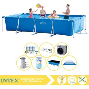Intex Rectangular Frame Zwembad - Opzetzwembad - 450x220x84 cm - Inclusief Solarzeil Pro, Onderhoudspakket, Filter, Grondzeil, Stofzuiger en Warmtepomp CP