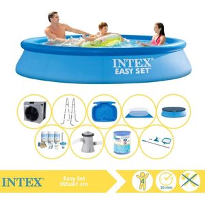 Intex Easy Set Zwembad - Opblaaszwembad - 305x61 cm - Inclusief Afdekzeil, Onderhoudspakket, Zwembadpomp, Filter, Grondzeil, Onderhoudsset, Trap, Voetenbad en Warmtepomp CP