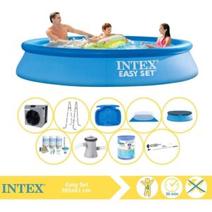 Intex Easy Set Zwembad - Opblaaszwembad - 305x61 cm - Inclusief Afdekzeil, Onderhoudspakket, Zwembadpomp, Filter, Grondzeil, Stofzuiger, Trap, Voetenbad en Warmtepomp CP