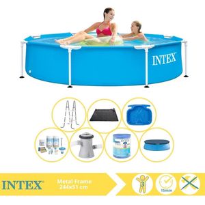 Intex Metal Frame Zwembad - Opzetzwembad - 244x51 cm - Inclusief Afdekzeil, Onderhoudspakket, Zwembadpomp, Filter, Solar Mat, Trap en Voetenbad