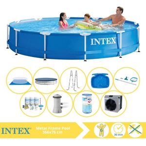 Intex Metal Frame Zwembad - Opzetzwembad - 366x76 cm - Inclusief Afdekzeil, Onderhoudspakket, Zwembadpomp, Filter, Grondzeil, Onderhoudsset, Trap, Voetenbad en Warmtepomp CP