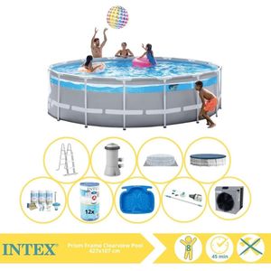 Intex Prism Frame Zwembad - Opzetzwembad - 427x107 cm - Inclusief Onderhoudspakket, Filter, Stofzuiger, Voetenbad en Warmtepomp CP