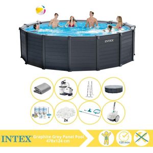 Intex Graphite Gray Panel Zwembad - Opzetzwembad - 478x124 cm - Inclusief Onderhoudspakket, Filterbollen, Onderhoudsset en Zwembad Stofzuiger