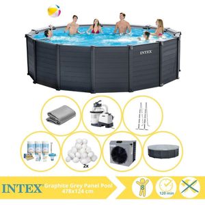 Intex Graphite Gray Panel Zwembad - Opzetzwembad - 478x124 cm - Inclusief Onderhoudspakket, Filterbollen en Warmtepomp CP