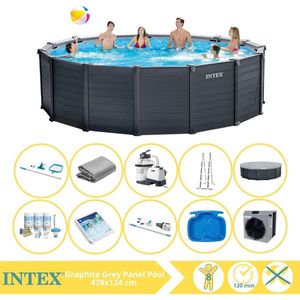 Intex Graphite Gray Panel Zwembad - Opzetzwembad - 478x124 cm - Inclusief Onderhoudspakket, Glasparels, Onderhoudsset, Stofzuiger, Voetenbad en Warmtepomp CP