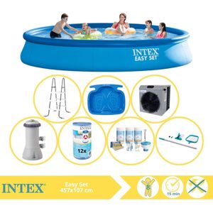 Intex Easy Set Zwembad - Opblaaszwembad - 457x107 cm - Inclusief Onderhoudspakket, Filter, Onderhoudsset, Trap, Voetenbad en Warmtepomp CP