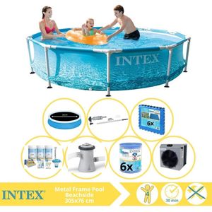 Intex Metal Frame Zwembad - Opzetzwembad - 305x76 cm - Inclusief Solarzeil Pro, Onderhoudspakket, Zwembadpomp, Filter, Stofzuiger, Zwembadtegels en Warmtepomp CP