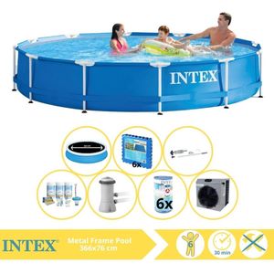 Intex Metal Frame Zwembad - Opzetzwembad - 366x76 cm - Inclusief Solarzeil Pro, Onderhoudspakket, Zwembadpomp, Filter, Stofzuiger, Zwembadtegels en Warmtepomp CP